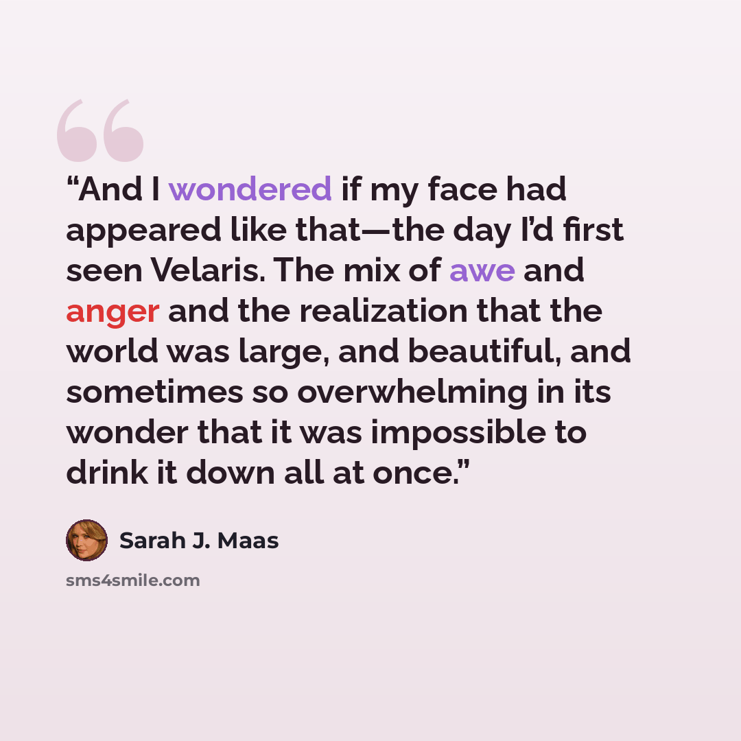 “And I wondered if my face had appeared like that—the day I’d first seen Velaris. The mix of awe and anger and the realization that the world was large, and beautiful, and sometimes so overwhelming in its wonder that it was impossible to drink it down all at once.” quote by Sarah J. Maas