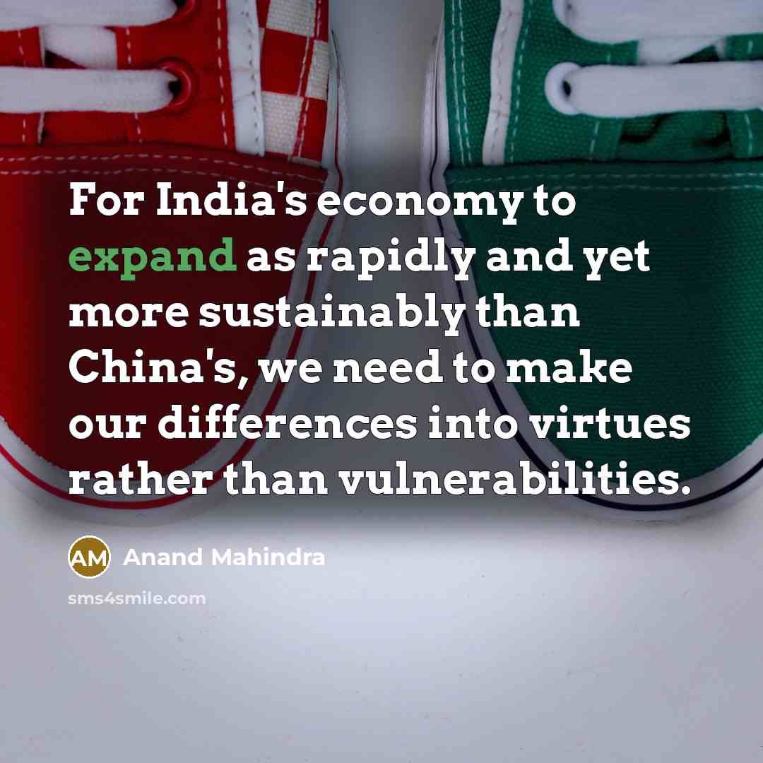 “For India's economy to expand as rapidly and yet more sustainably than China's, we need to make our differences into virtues rather than vulnerabilities.” quote by Anand Mahindra