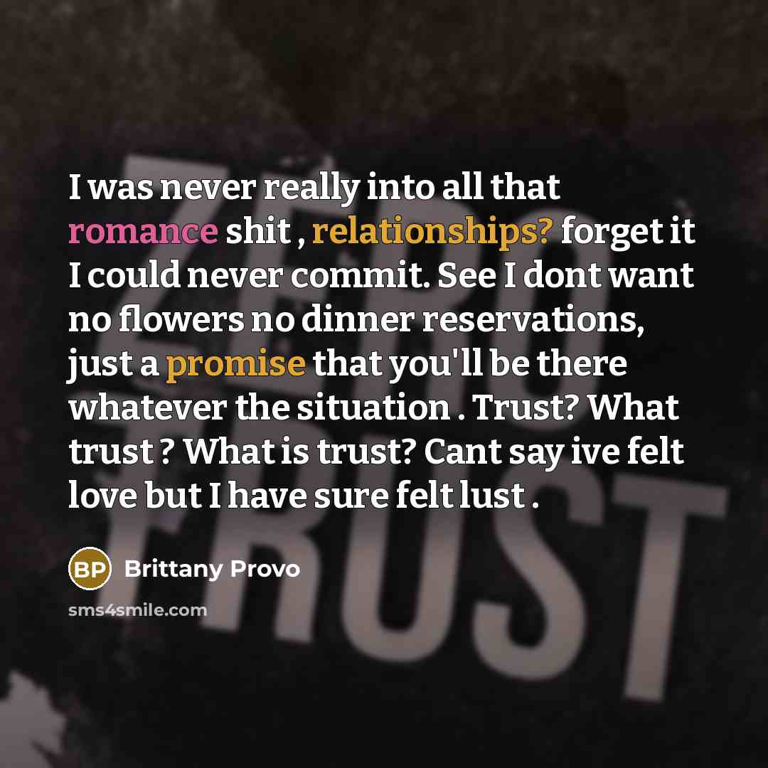 “I was never really into all that romance shit , relationships? forget it I could never commit. See I dont want no flowers no dinner reservations, just a promise that you'll be there whatever the situation . Trust? What trust ? What is trust? Cant say ive felt love but I have sure felt lust .” quote by Brittany Provo