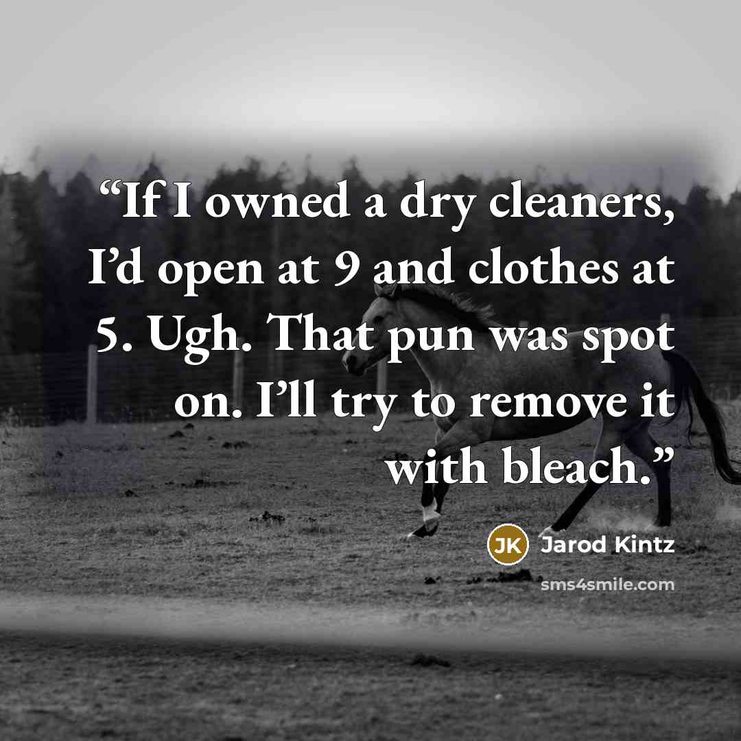 “If I owned a dry cleaners, I’d open at 9 and clothes at 5. Ugh. That pun was spot on. I’ll try to remove it with bleach.” quote by Jarod Kintz