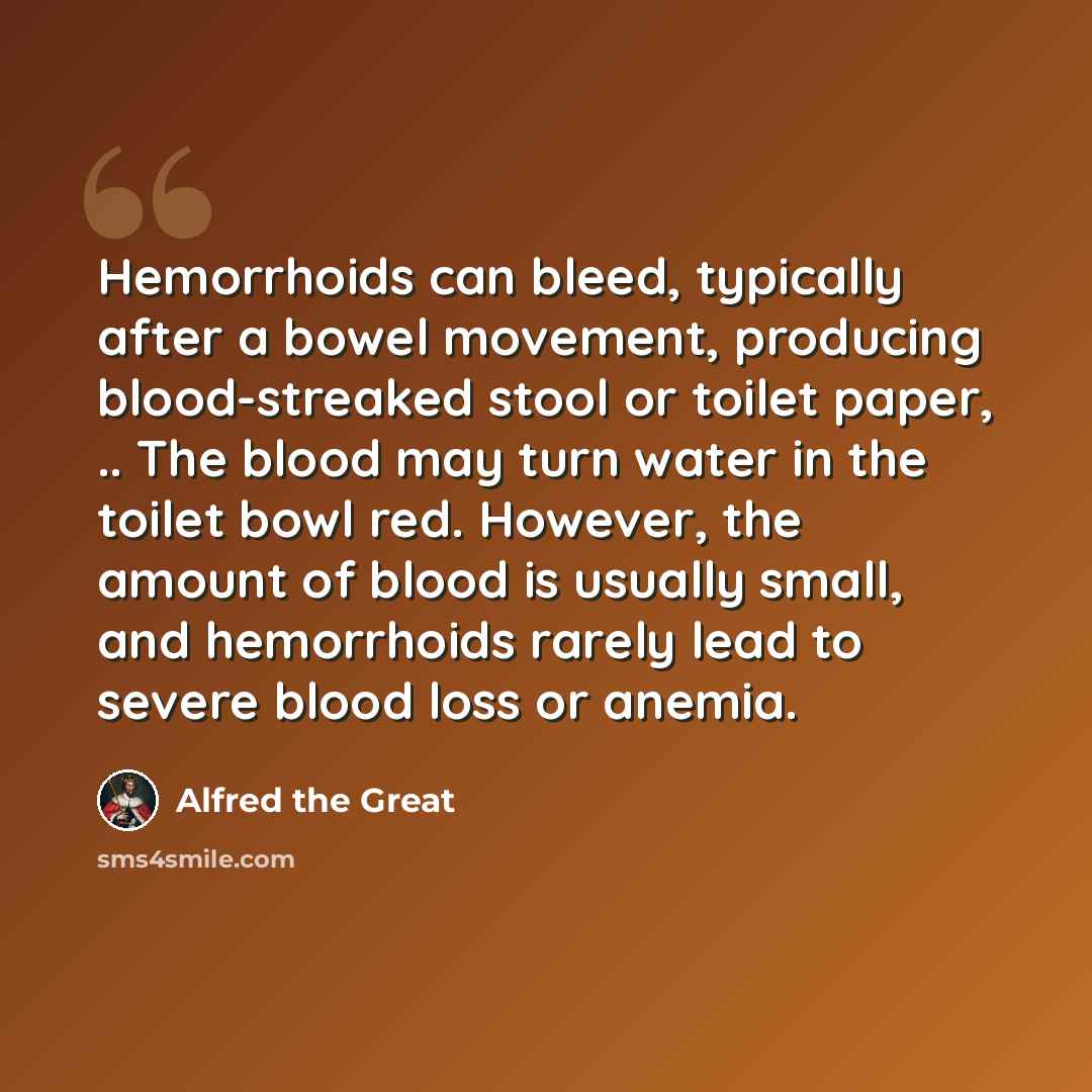 “Hemorrhoids can bleed, typically after a bowel movement, producing blood-streaked stool or toilet paper, .. The blood may turn water in the toilet bowl red. However, the amount of blood is usually small, and hemorrhoids rarely lead to severe blood loss or anemia.” quote by Alfred the Great