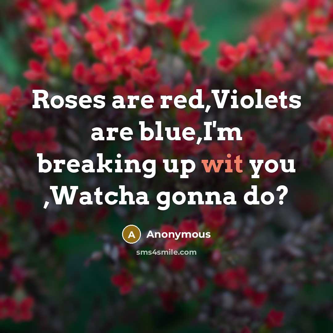 “Roses are red,Violets are blue,I'm breaking up wit you ,Watcha gonna do?” quote by Anonymous