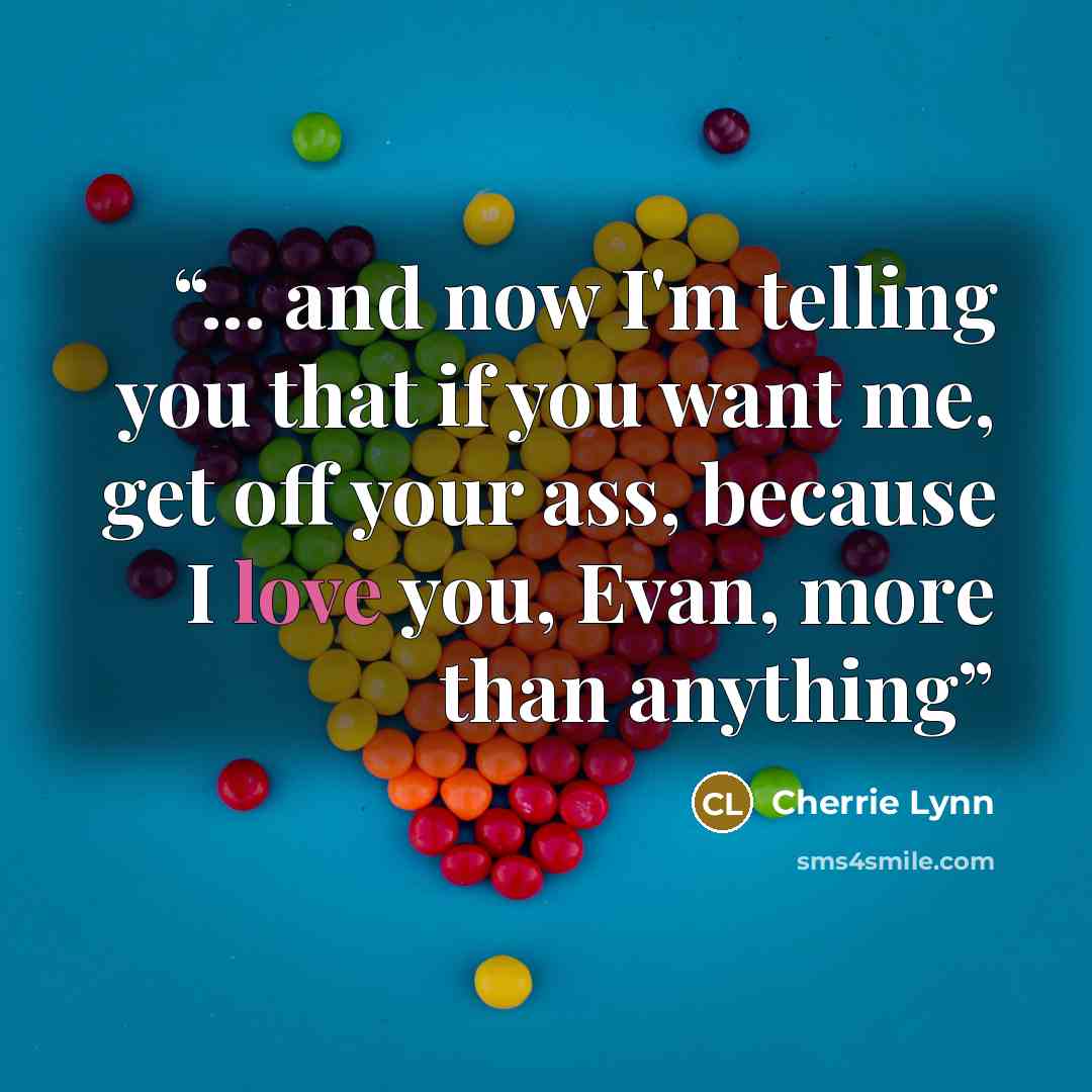 “... and now I'm telling you that if you want me, get off your ass, because I love you, Evan, more than anything” quote by Cherrie Lynn