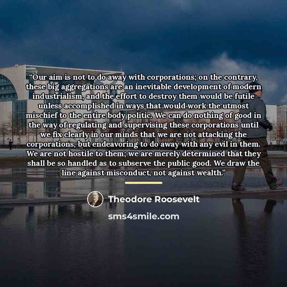 “Our aim is not to do away with corporations; on the contrary, these big aggregations are an inevitable development of modern industrialism, and the effort to destroy them would be futile unless accomplished in ways that would work the utmost mischief to the entire body politic. We can do nothing…” quote by Theodore Roosevelt