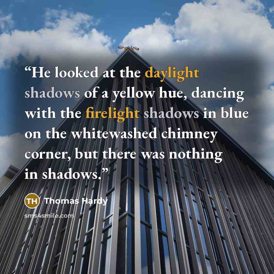 “He looked at the daylight shadows of a yellow hue, dancing with the firelight shadows in blue on the whitewashed chimney corner, but there was nothing in shadows.” quote by Thomas Hardy
