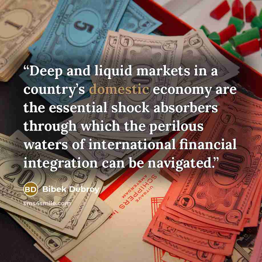“Deep and liquid markets in a country’s domestic economy are the essential shock absorbers through which the perilous waters of international financial integration can be navigated.” quote by Bibek Debroy