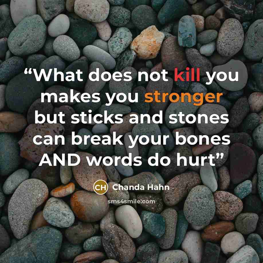 “What does not kill you makes you stronger but sticks and stones can break your bones AND words do hurt” quote by Chanda Hahn