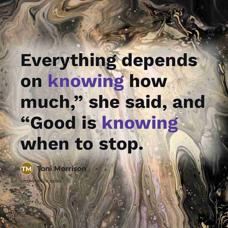 “Everything depends on knowing how much,” she said, and “Good is knowing when to stop.” quote by Toni Morrison
