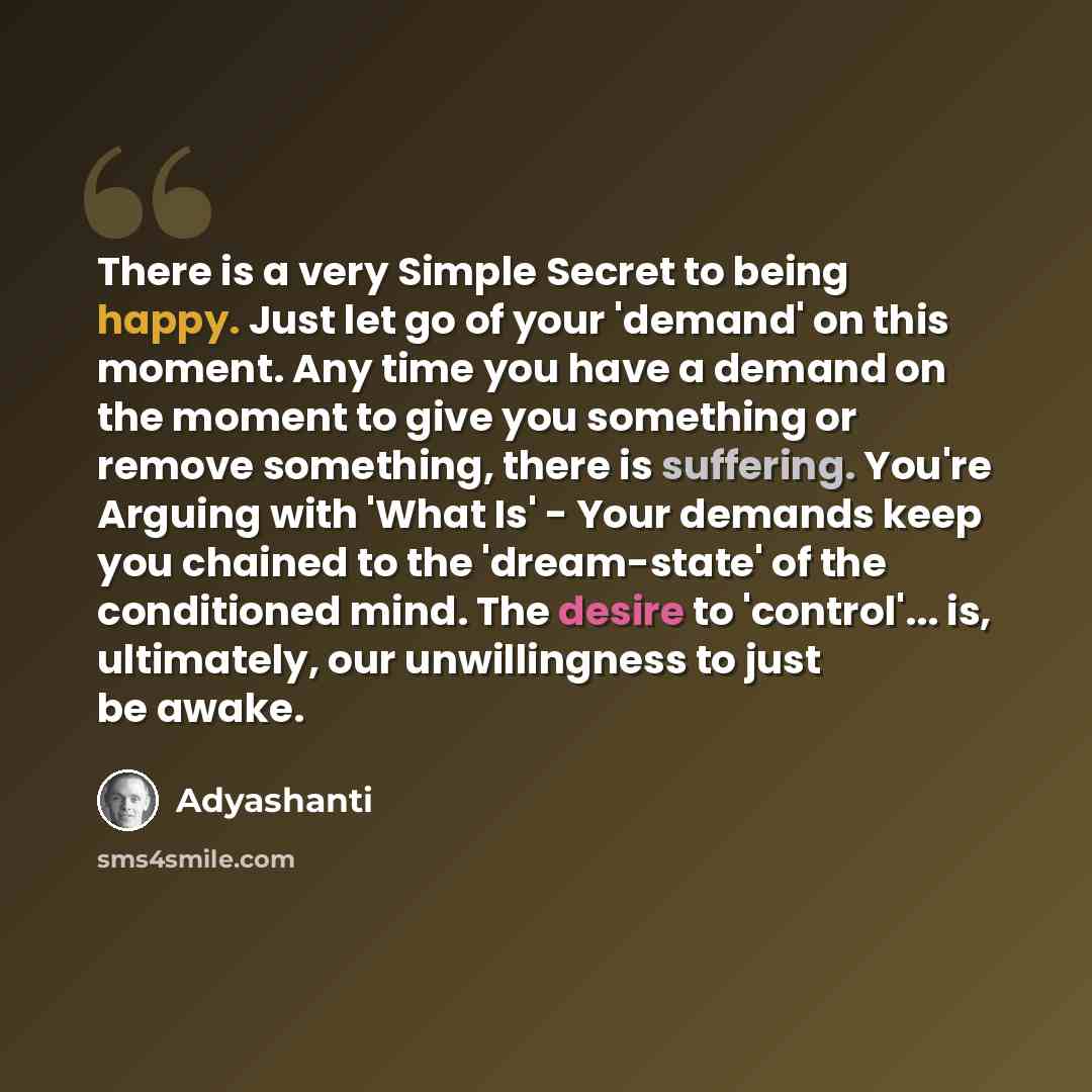 “There is a very Simple Secret to being happy. Just let go of your 'demand' on this moment. Any time you have a demand on the moment to give you something or remove something, there is suffering. You're Arguing with 'What Is' - Your demands keep you chained to the 'dream-state' of the conditioned…” quote by Adyashanti