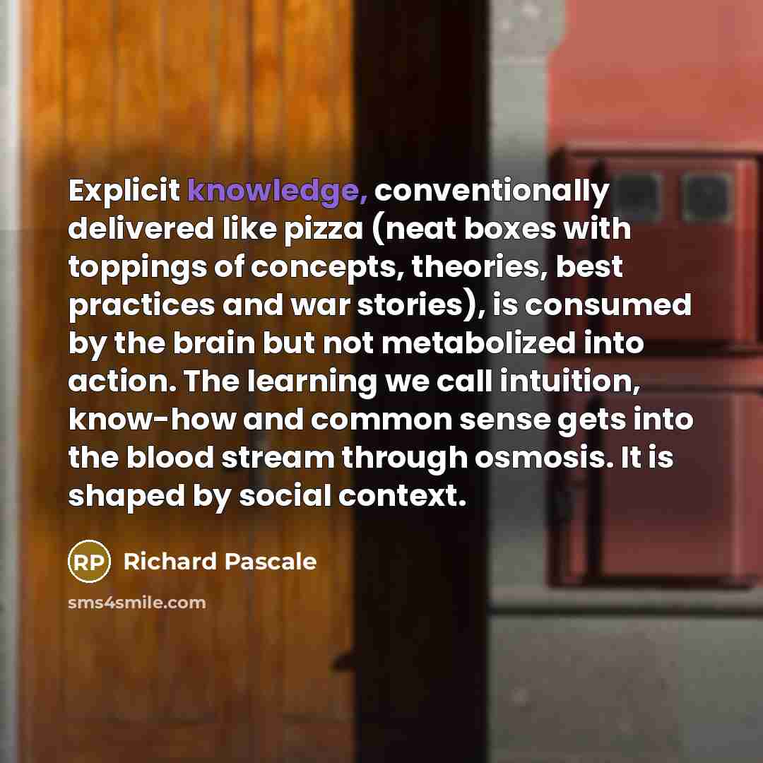“Explicit knowledge, conventionally delivered like pizza (neat boxes with toppings of concepts, theories, best practices and war stories), is consumed by the brain but not metabolized into action. The learning we call intuition, know-how and common sense gets into the blood stream through osmosis…” quote by Richard Pascale