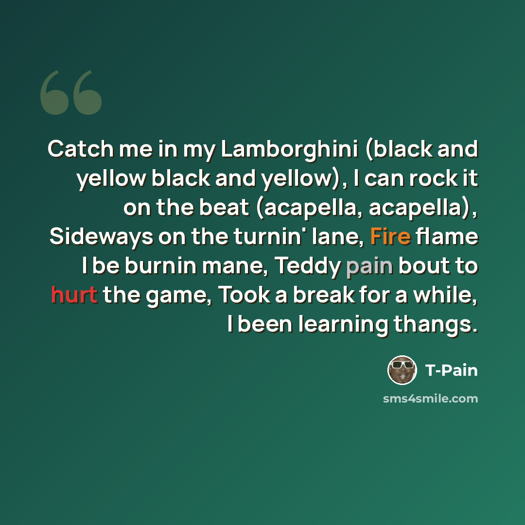 “Catch me in my Lamborghini (black and yellow black and yellow), I can rock it on the beat (acapella, acapella), Sideways on the turnin' lane, Fire flame I be burnin mane, Teddy pain bout to hurt the game, Took a break for a while, I been learning thangs.” quote by T-Pain