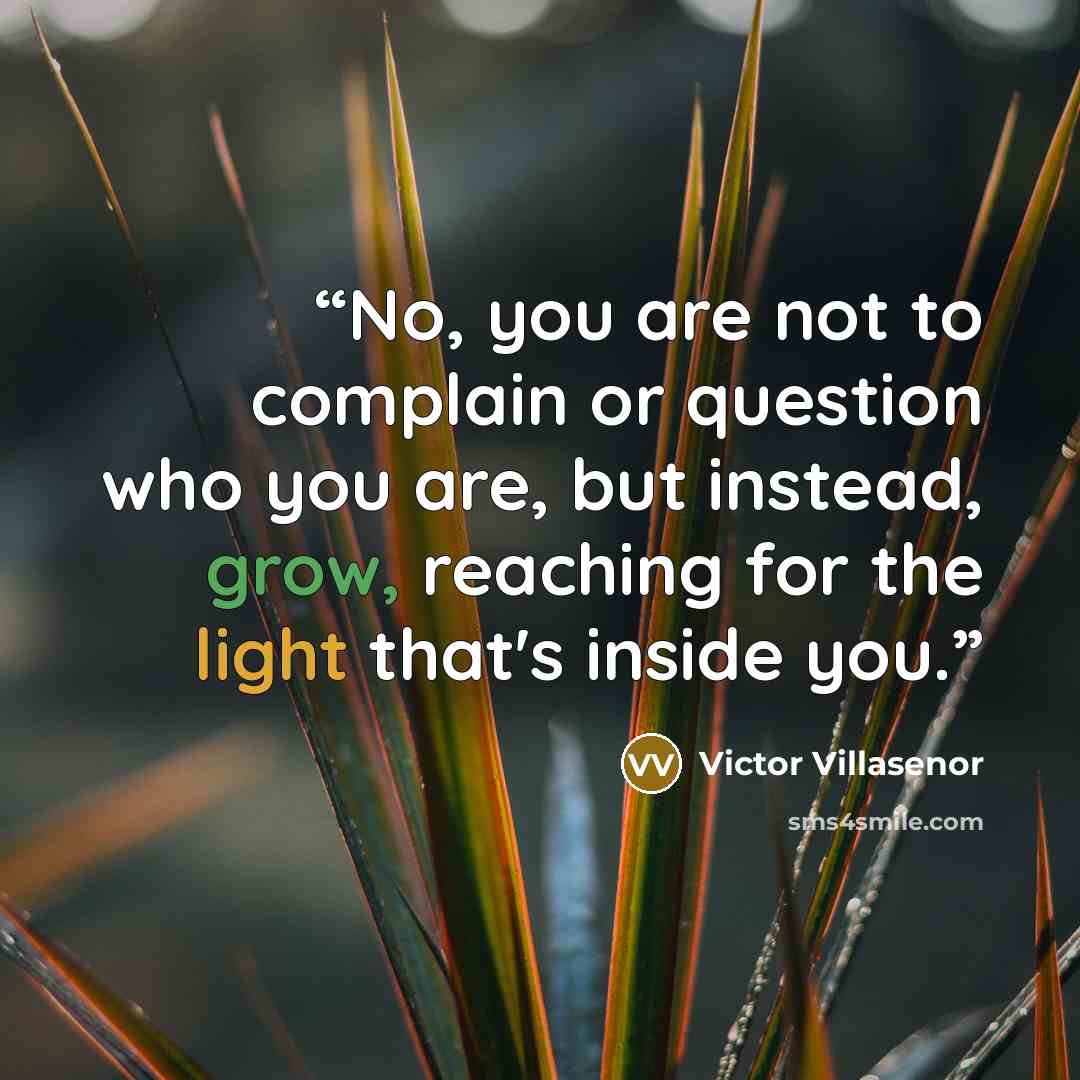 “No, you are not to complain or question who you are, but instead, grow, reaching for the light that's inside you.” quote by Victor Villaseñor