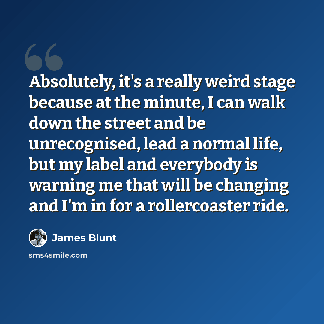 “Absolutely, it's a really weird stage because at the minute, I can walk down the street and be unrecognised, lead a normal life, but my label and everybody is warning me that will be changing and I'm in for a rollercoaster ride.” quote by James Blunt