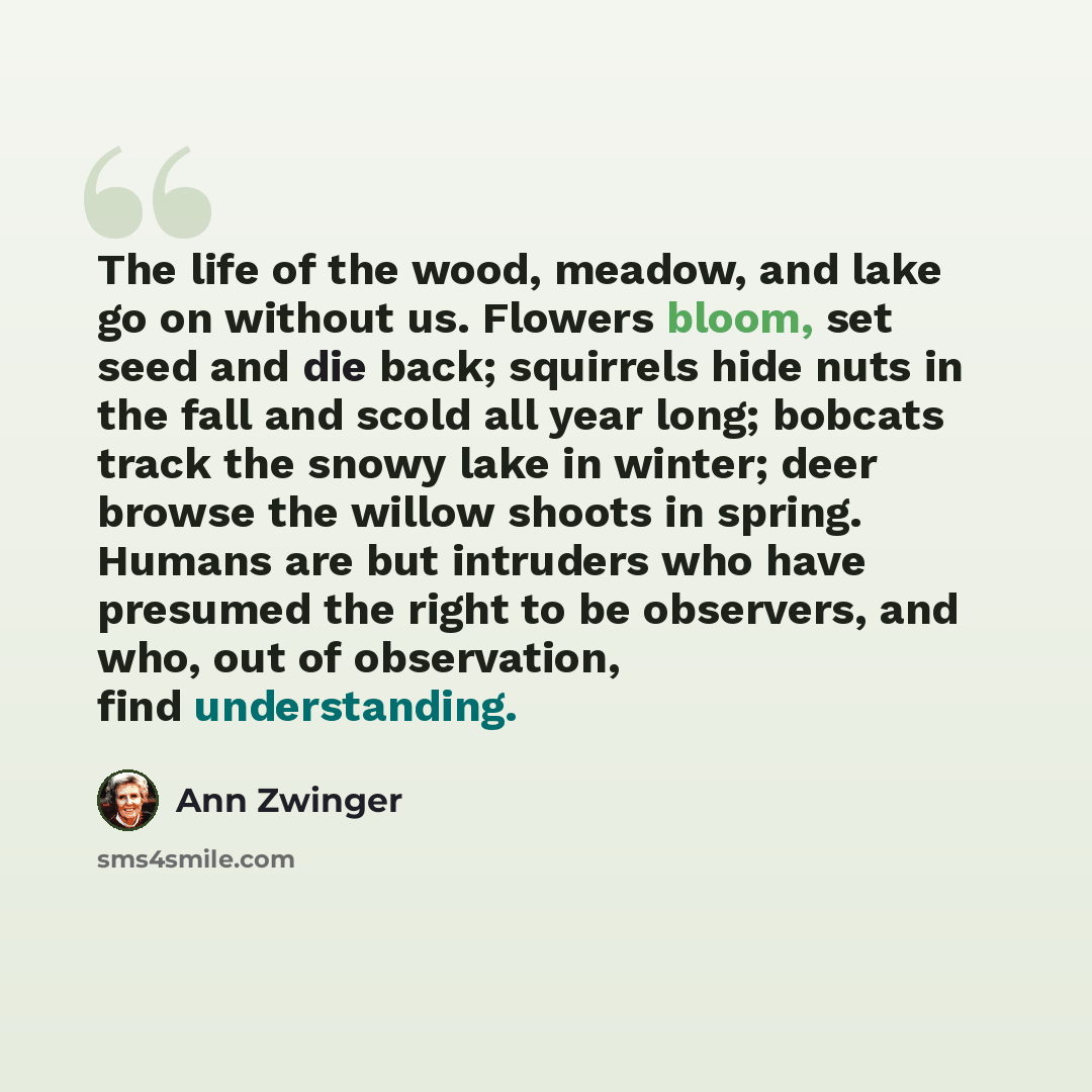 “The life of the wood, meadow, and lake go on without us. Flowers bloom, set seed and die back; squirrels hide nuts in the fall and scold all year long; bobcats track the snowy lake in winter; deer browse the willow shoots in spring. Humans are but intruders who have presumed the right to be…” quote by Ann Zwinger