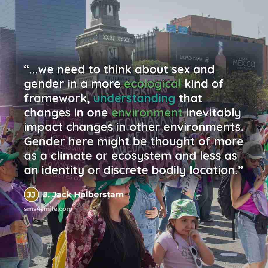 “...we need to think about sex and gender in a more ecological kind of framework, understanding that changes in one environment inevitably impact changes in other environments. Gender here might be thought of more as a climate or ecosystem and less as an identity or discrete bodily location.” quote by J. Jack Halberstam