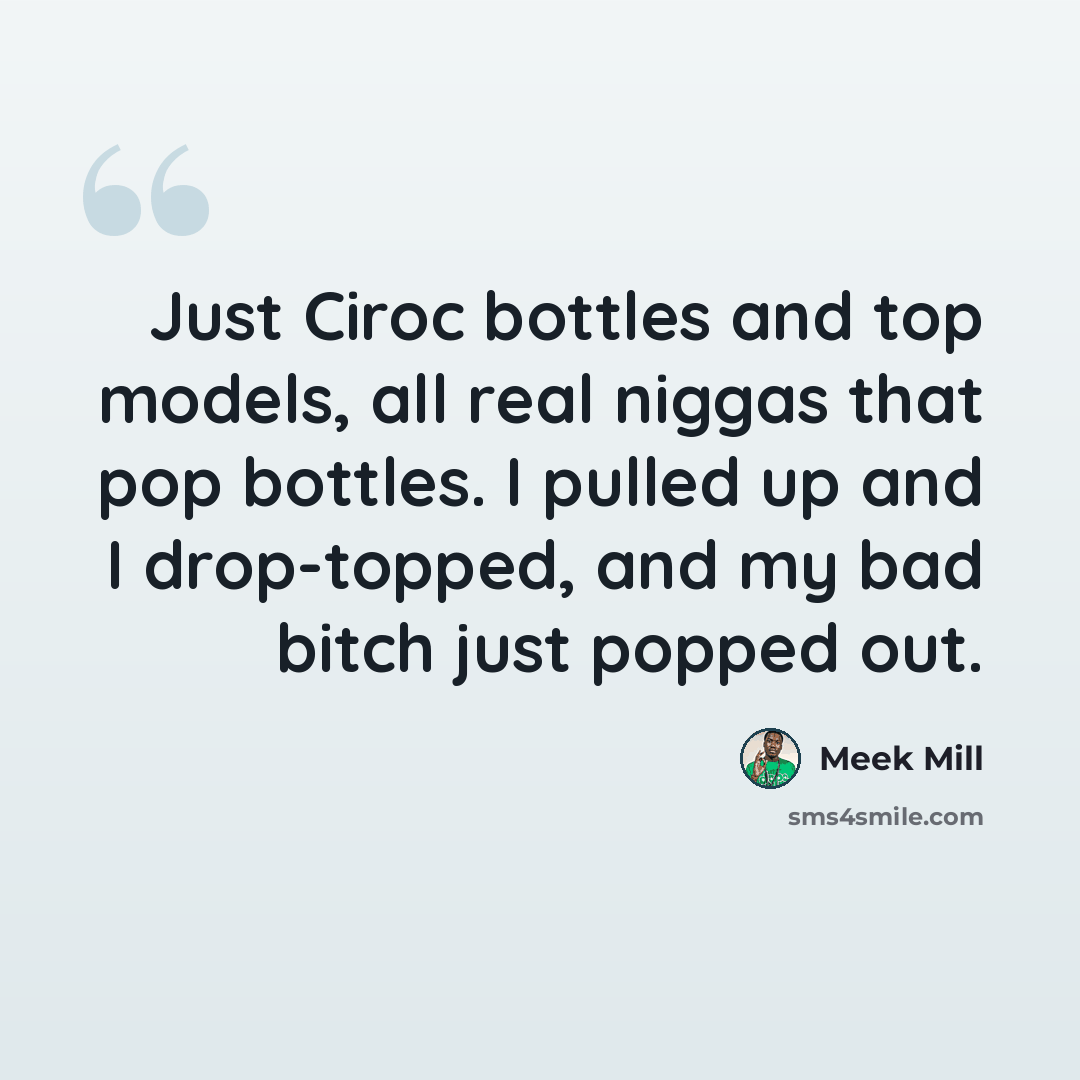 “Just Ciroc bottles and top models, all real niggas that pop bottles. I pulled up and I drop-topped, and my bad bitch just popped out.” quote by Meek Mill