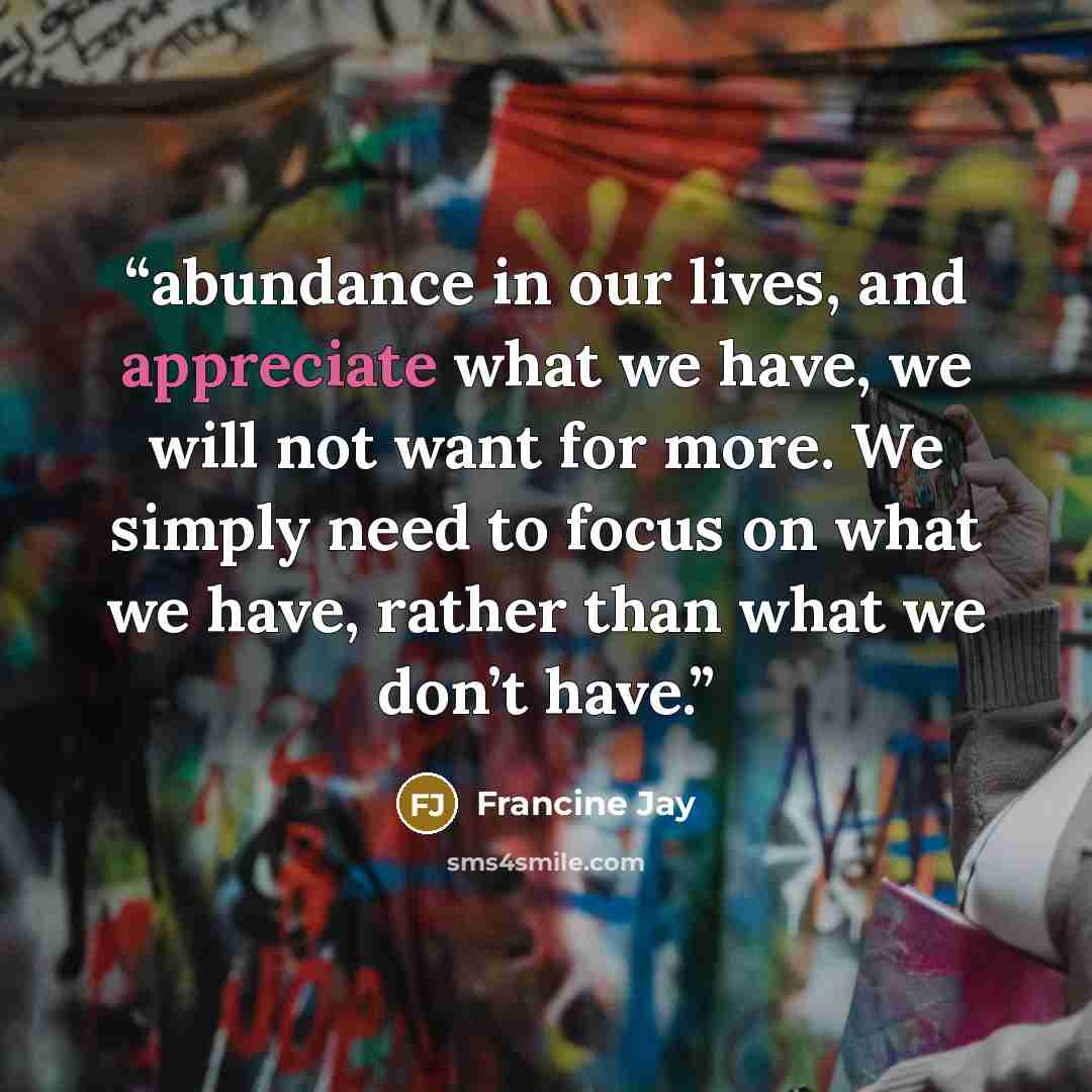 “abundance in our lives, and appreciate what we have, we will not want for more. We simply need to focus on what we have, rather than what we don’t have.” quote by Francine Jay