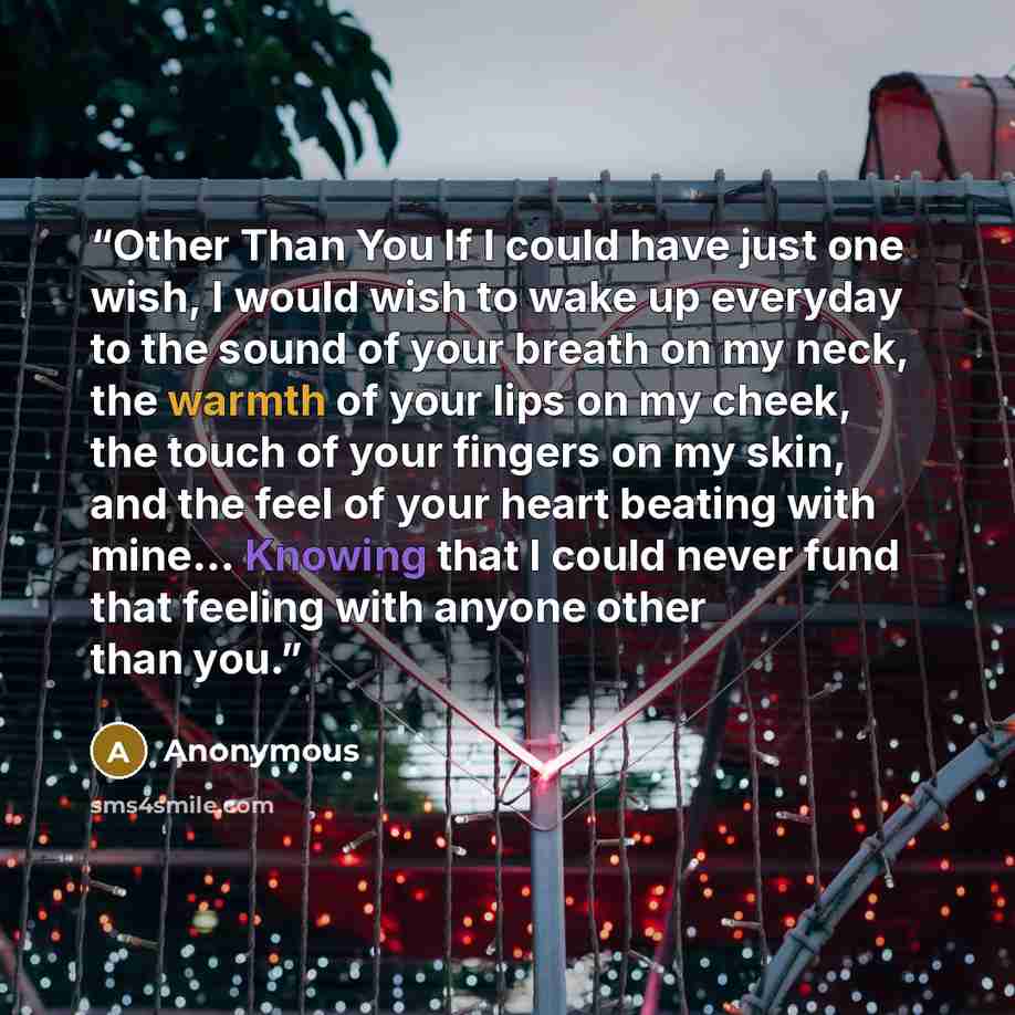 “Other Than You If I could have just one wish, I would wish to wake up everyday to the sound of your breath on my neck, the warmth of your lips on my cheek, the touch of your fingers on my skin, and the feel of your heart beating with mine... Knowing that I could never fund that feeling with anyone…” quote by Anonymous