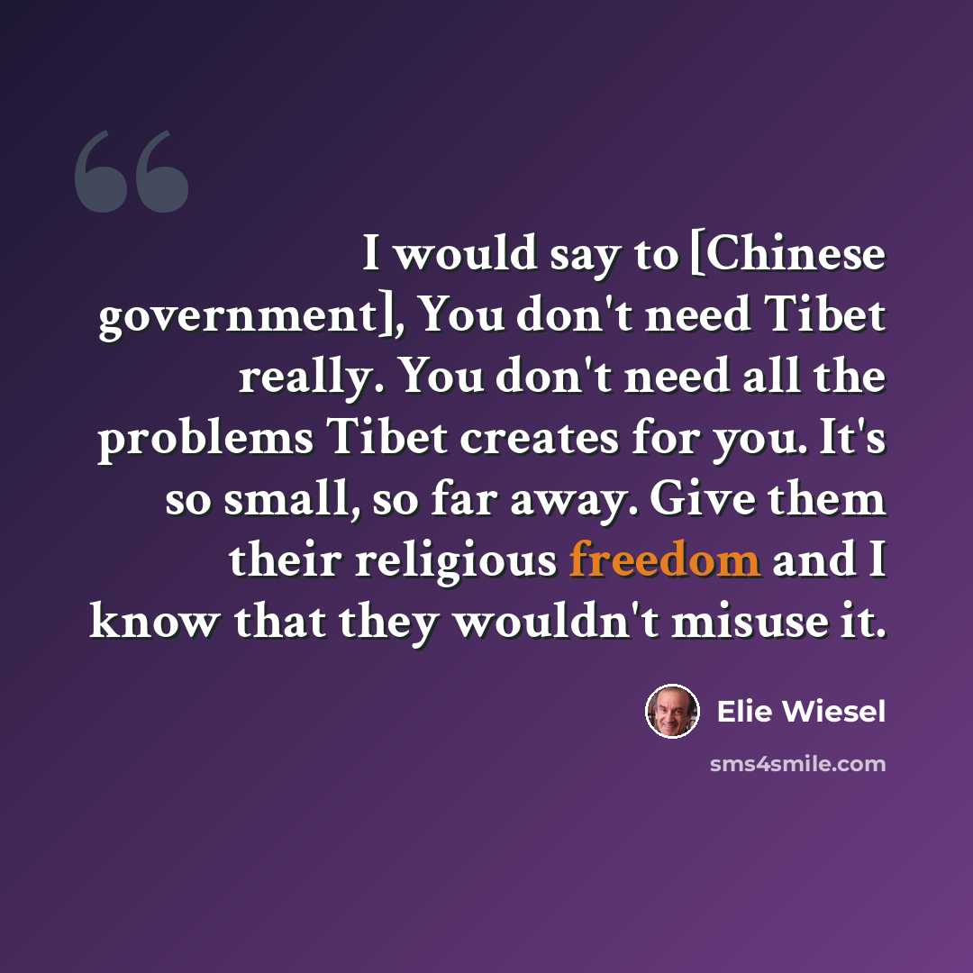 “I would say to [Chinese government], You don't need Tibet really. You don't need all the problems Tibet creates for you. It's so small, so far away. Give them their religious freedom and I know that they wouldn't misuse it.” quote by Elie Wiesel