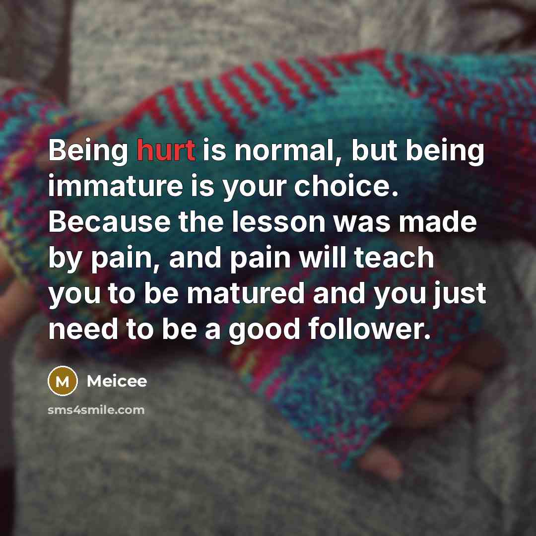 “Being hurt is normal, but being immature is your choice. Because the lesson was made by pain, and pain will teach you to be matured and you just need to be a good follower.” quote by Meicee