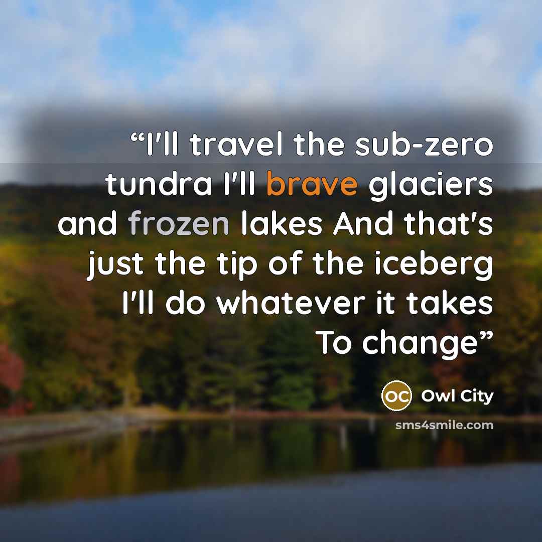 “I'll travel the sub-zero tundra I'll brave glaciers and frozen lakes And that's just the tip of the iceberg I'll do whatever it takes To change” quote by Owl City