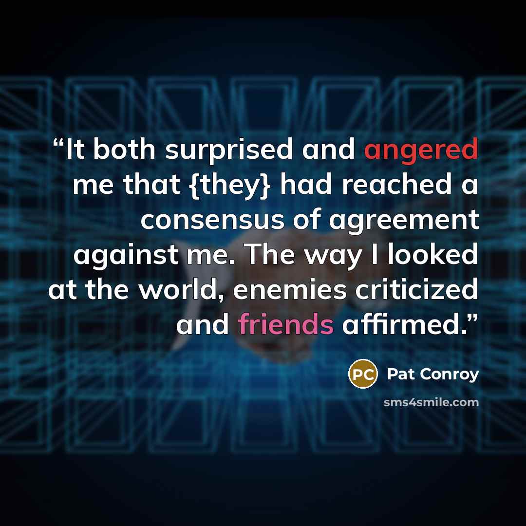 “It both surprised and angered me that {they} had reached a consensus of agreement against me. The way I looked at the world, enemies criticized and friends affirmed.” quote by Pat Conroy