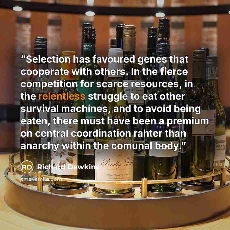 “Selection has favoured genes that cooperate with others. In the fierce competition for scarce resources, in the relentless struggle to eat other survival machines, and to avoid being eaten, there must have been a premium on central coordination rahter than anarchy within the comunal body.” quote by Richard Dawkins