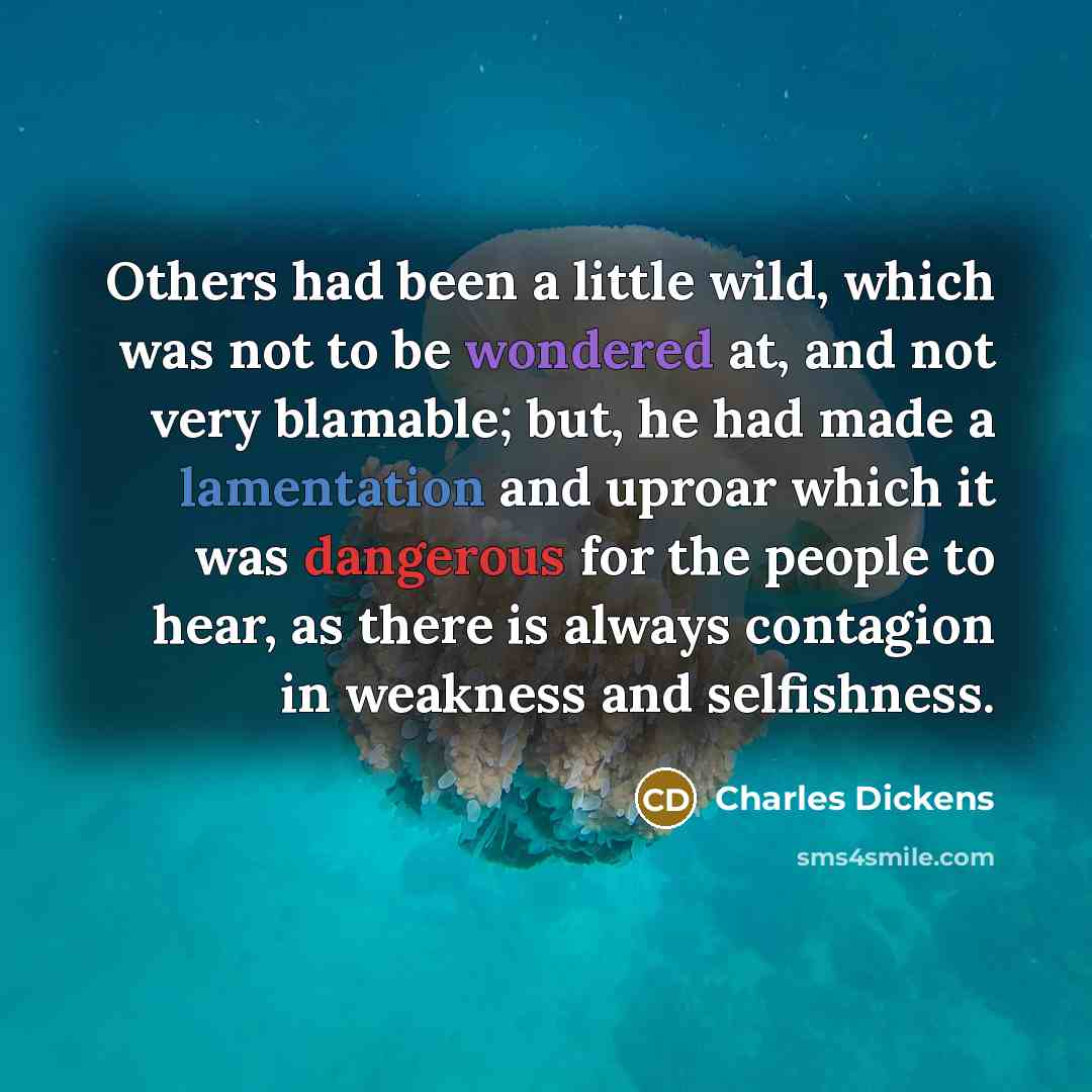 “Others had been a little wild, which was not to be wondered at, and not very blamable; but, he had made a lamentation and uproar which it was dangerous for the people to hear, as there is always contagion in weakness and selfishness.” quote by Charles Dickens