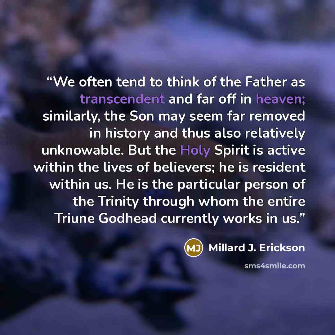 “We often tend to think of the Father as transcendent and far off in heaven; similarly, the Son may seem far removed in history and thus also relatively unknowable. But the Holy Spirit is active within the lives of believers; he is resident within us. He is the particular person of the Trinity…” quote by Millard J. Erickson