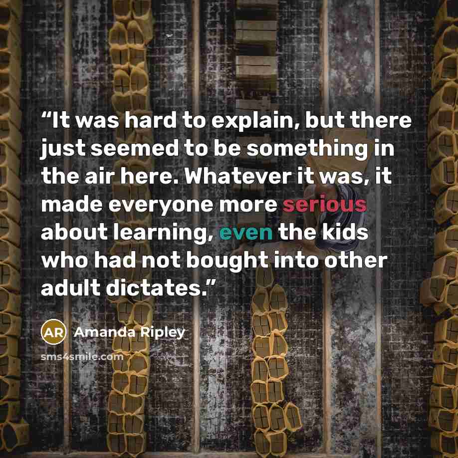 “It was hard to explain, but there just seemed to be something in the air here. Whatever it was, it made everyone more serious about learning, even the kids who had not bought into other adult dictates.” quote by Amanda Ripley