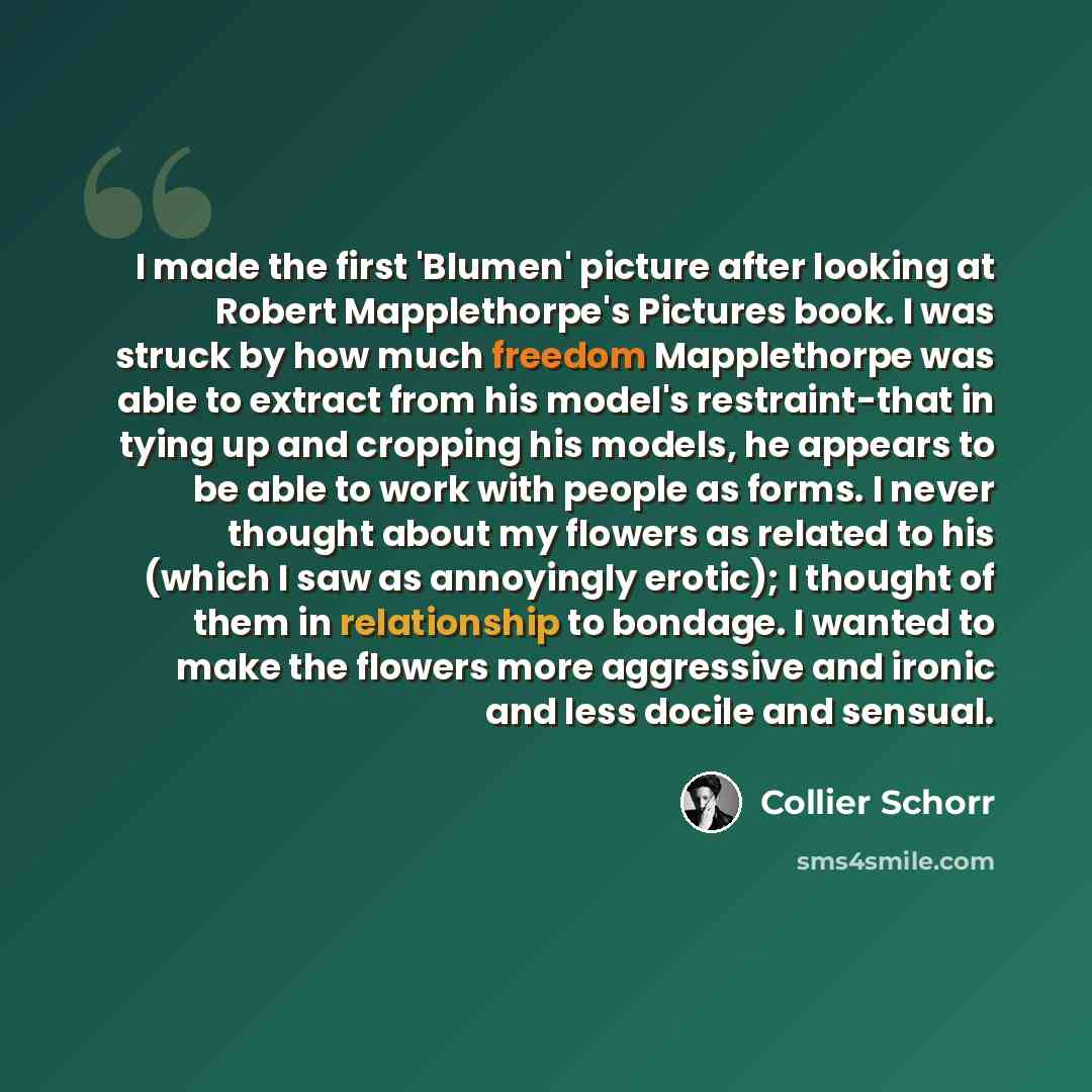 “I made the first 'Blumen' picture after looking at Robert Mapplethorpe's Pictures book. I was struck by how much freedom Mapplethorpe was able to extract from his model's restraint-that in tying up and cropping his models, he appears to be able to work with people as forms. I never thought about…” quote by Collier Schorr