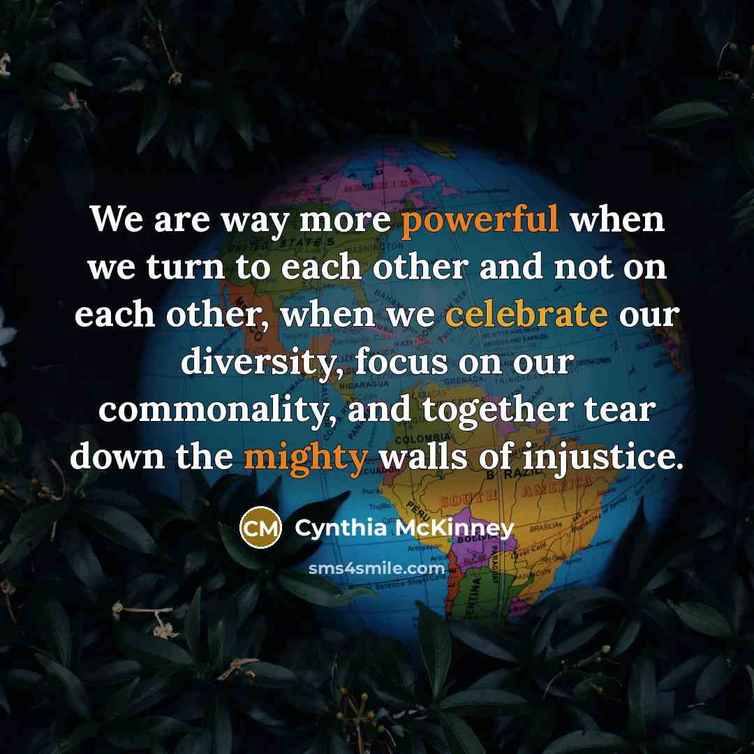“We are way more powerful when we turn to each other and not on each other, when we celebrate our diversity, focus on our commonality, and together tear down the mighty walls of injustice.” quote by Cynthia McKinney