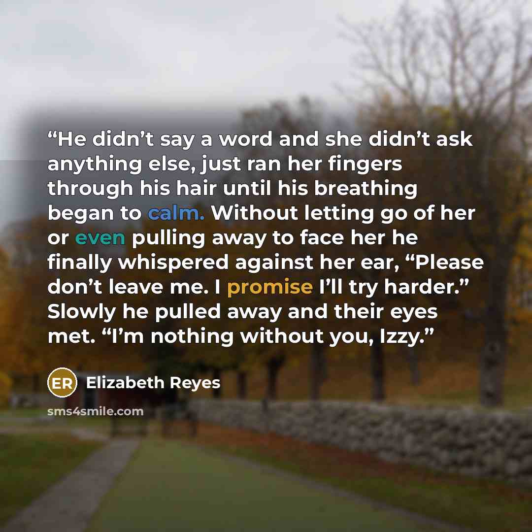 “He didn’t say a word and she didn’t ask anything else, just ran her fingers through his hair until his breathing began to calm. Without letting go of her or even pulling away to face her he finally whispered against her ear, “Please don’t leave me. I promise I’ll try harder.” Slowly he pulled away…” quote by Elizabeth Reyes