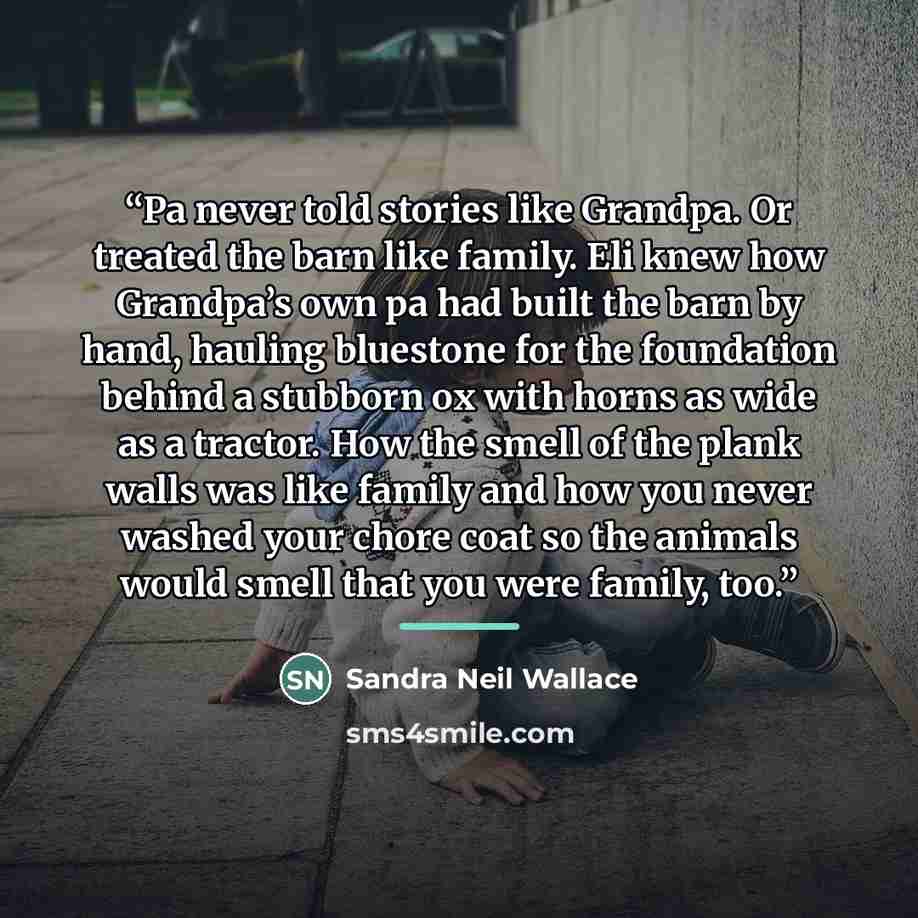 “Pa never told stories like Grandpa. Or treated the barn like family. Eli knew how Grandpa’s own pa had built the barn by hand, hauling bluestone for the foundation behind a stubborn ox with horns as wide as a tractor. How the smell of the plank walls was like family and how you never washed your…” quote by Sandra Neil Wallace