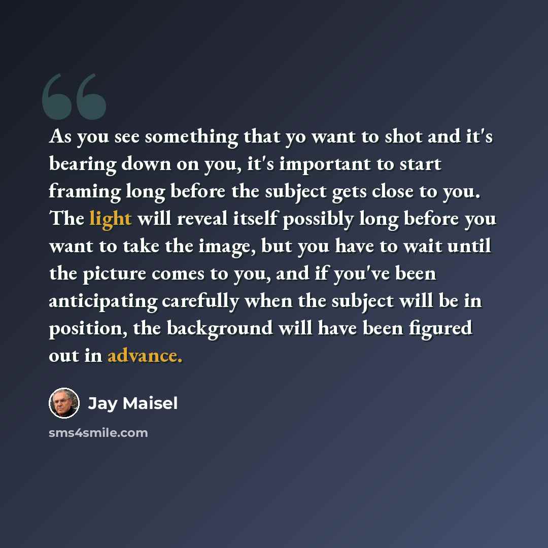“As you see something that yo want to shot and it's bearing down on you, it's important to start framing long before the subject gets close to you. The light will reveal itself possibly long before you want to take the image, but you have to wait until the picture comes to you, and if you've been…” quote by Jay Maisel