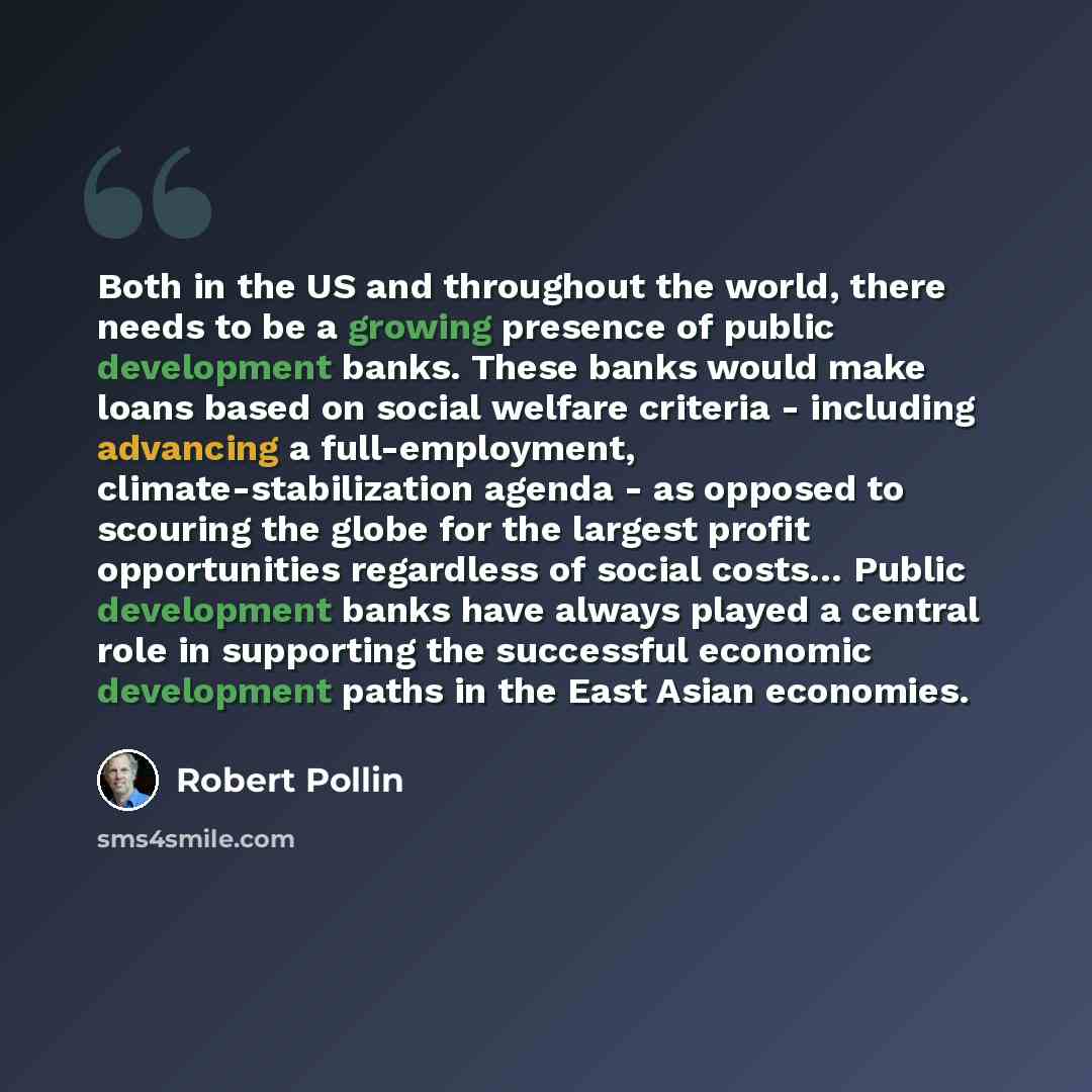 “Both in the US and throughout the world, there needs to be a growing presence of public development banks. These banks would make loans based on social welfare criteria - including advancing a full-employment, climate-stabilization agenda - as opposed to scouring the globe for the largest profit…” quote by Robert Pollin