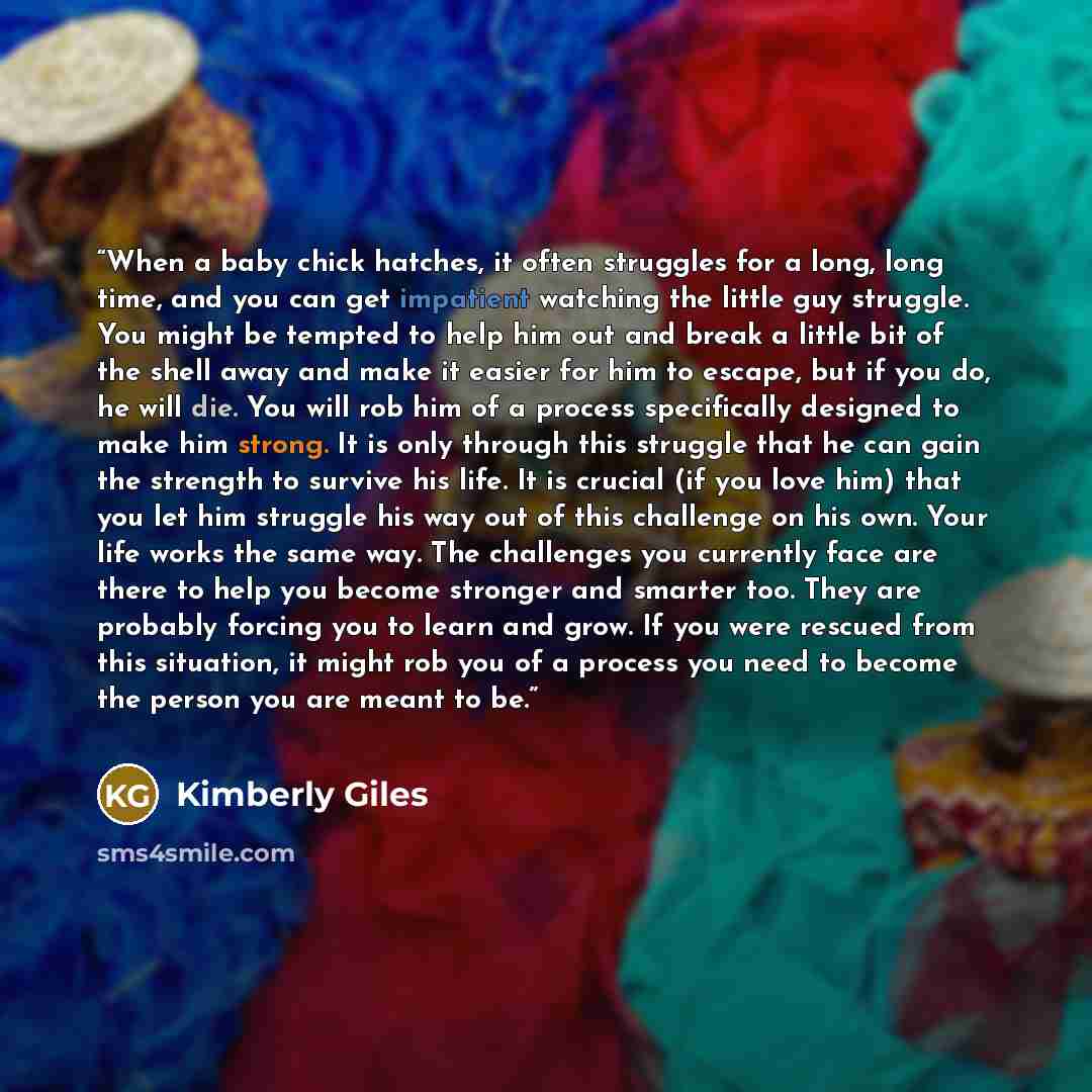 “When a baby chick hatches, it often struggles for a long, long time, and you can get impatient watching the little guy struggle. You might be tempted to help him out and break a little bit of the shell away and make it easier for him to escape, but if you do, he will die. You will rob him of a…” quote by Kimberly Giles