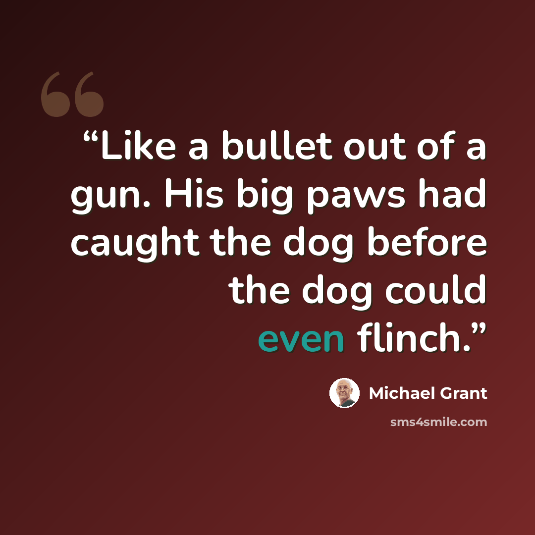 “Like a bullet out of a gun. His big paws had caught the dog before the dog could even flinch.” quote by Michael Grant