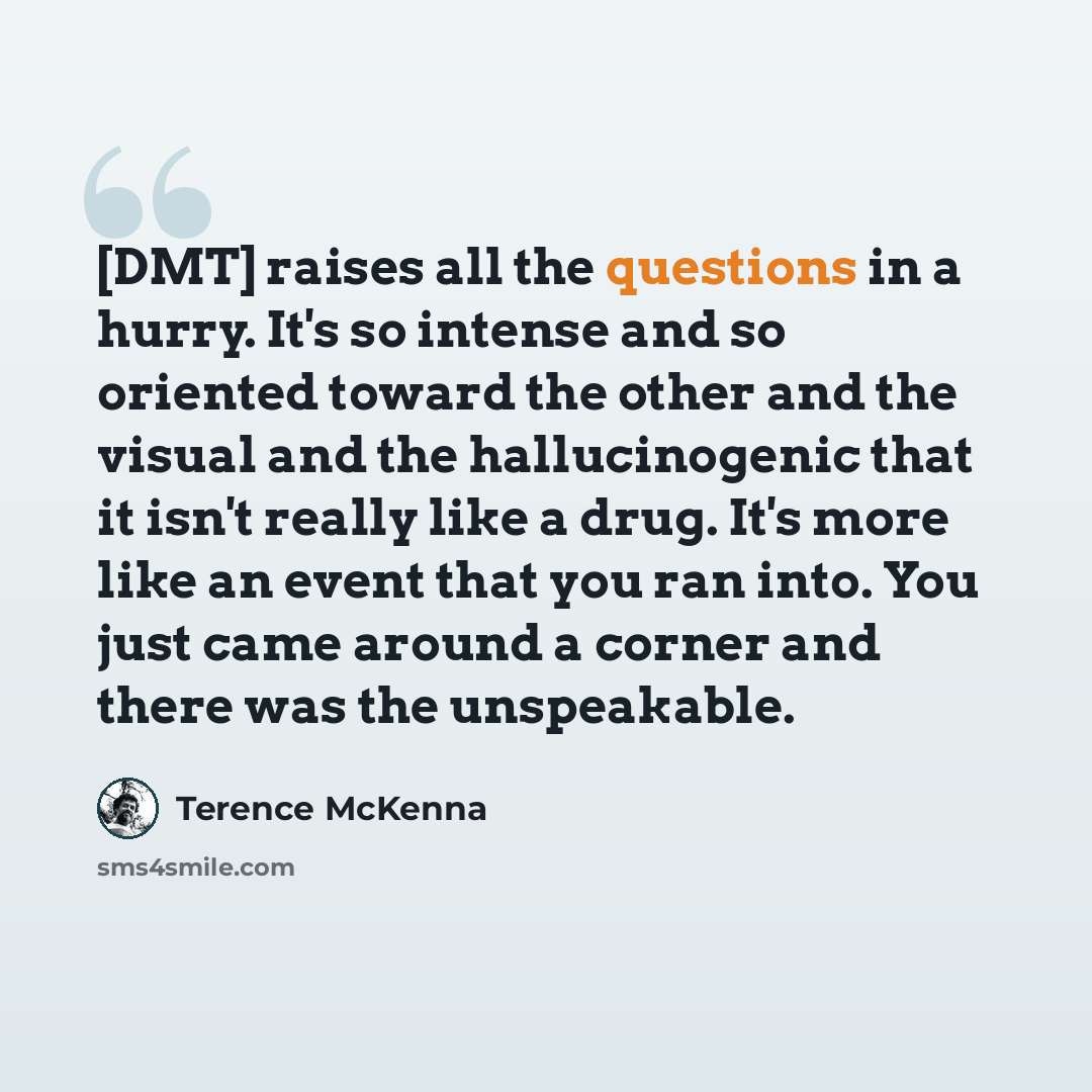 “[DMT] raises all the questions in a hurry. It's so intense and so oriented toward the other and the visual and the hallucinogenic that it isn't really like a drug. It's more like an event that you ran into. You just came around a corner and there was the unspeakable.” quote by Terence McKenna