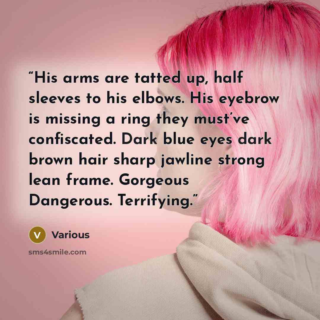 “His arms are tatted up, half sleeves to his elbows. His eyebrow is missing a ring they must’ve confiscated. Dark blue eyes dark brown hair sharp jawline strong lean frame. Gorgeous Dangerous. Terrifying.” quote by Various