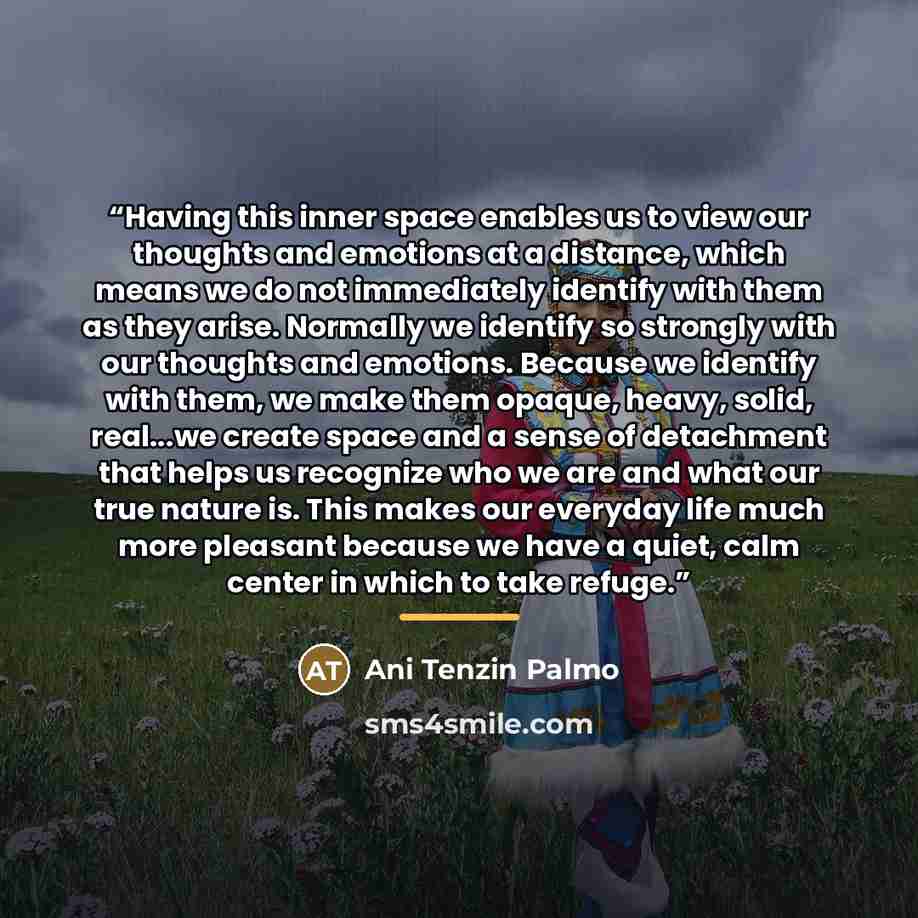 “Having this inner space enables us to view our thoughts and emotions at a distance, which means we do not immediately identify with them as they arise. Normally we identify so strongly with our thoughts and emotions. Because we identify with them, we make them opaque, heavy, solid, real...we…” quote by Ani Tenzin Palmo