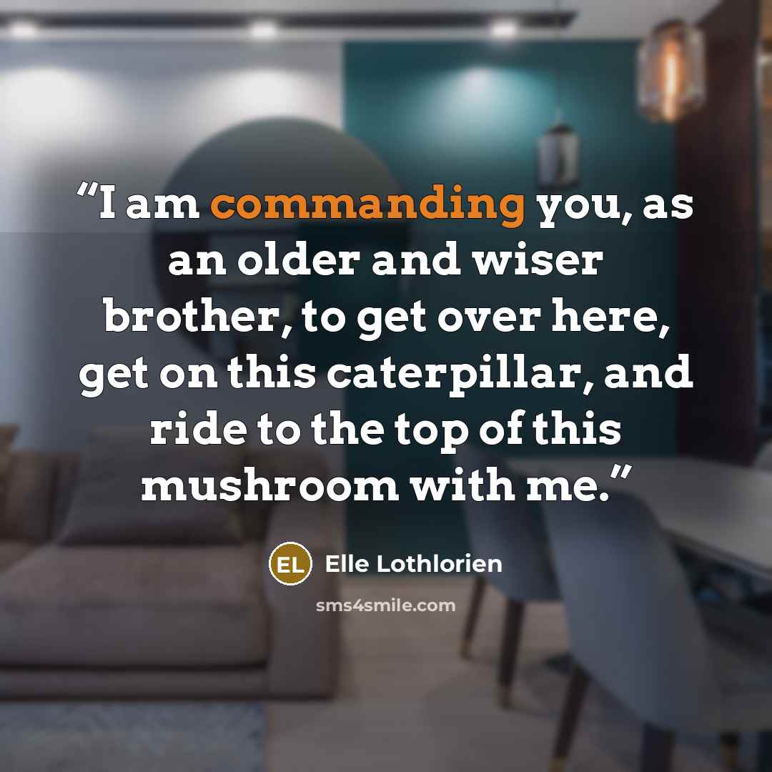 “I am commanding you, as an older and wiser brother, to get over here, get on this caterpillar, and ride to the top of this mushroom with me.” quote by Elle Lothlorien