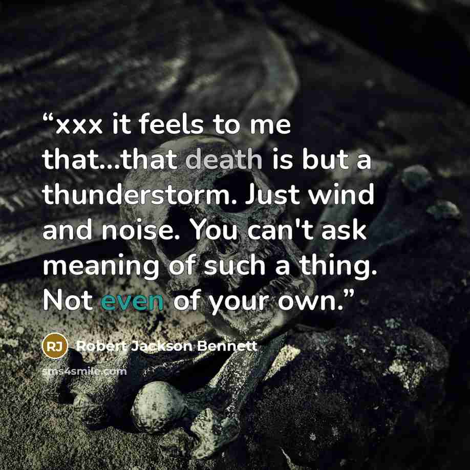 “xxx it feels to me that...that death is but a thunderstorm. Just wind and noise. You can't ask meaning of such a thing. Not even of your own.” quote by Robert Jackson Bennett