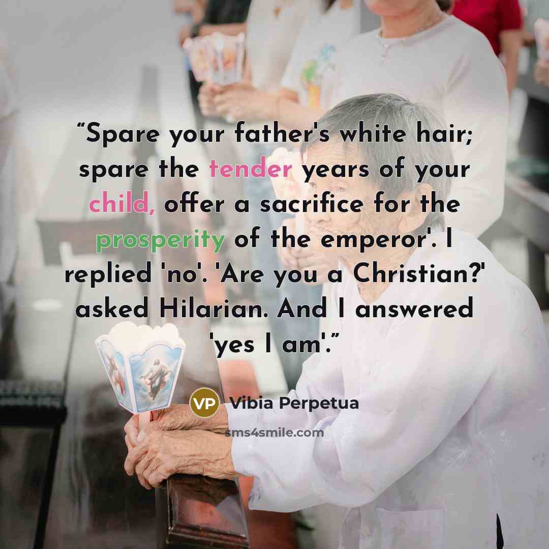 “Spare your father's white hair; spare the tender years of your child, offer a sacrifice for the prosperity of the emperor'. I replied 'no'. 'Are you a Christian?' asked Hilarian. And I answered 'yes I am'.” quote by Vibia Perpetua