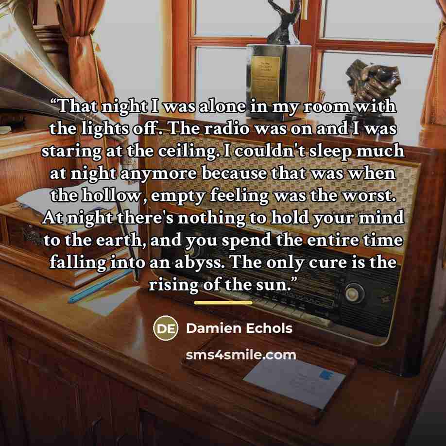 “That night I was alone in my room with the lights off. The radio was on and I was staring at the ceiling. I couldn't sleep much at night anymore because that was when the hollow, empty feeling was the worst. At night there's nothing to hold your mind to the earth, and you spend the entire time…” quote by Damien Echols