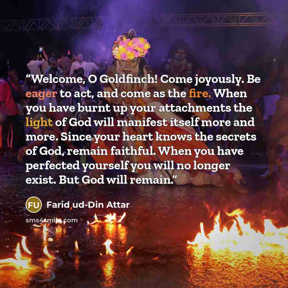 “Welcome, O Goldfinch! Come joyously. Be eager to act, and come as the fire. When you have burnt up your attachments the light of God will manifest itself more and more. Since your heart knows the secrets of God, remain faithful. When you have perfected yourself you will no longer exist. But God…” quote by Farid ud-Din Attar