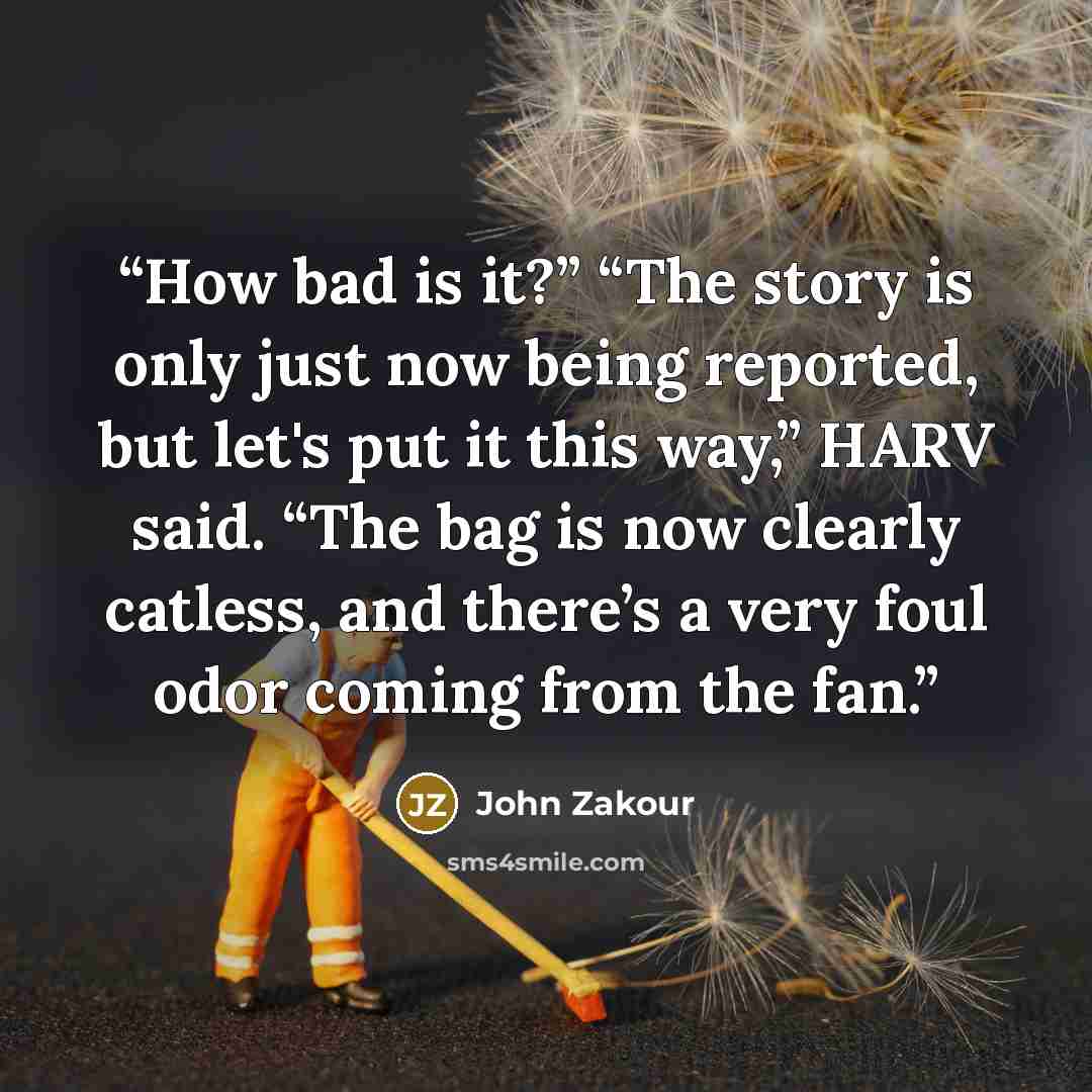 “How bad is it?” “The story is only just now being reported, but let's put it this way,” HARV said. “The bag is now clearly catless, and there’s a very foul odor coming from the fan.” quote by John Zakour