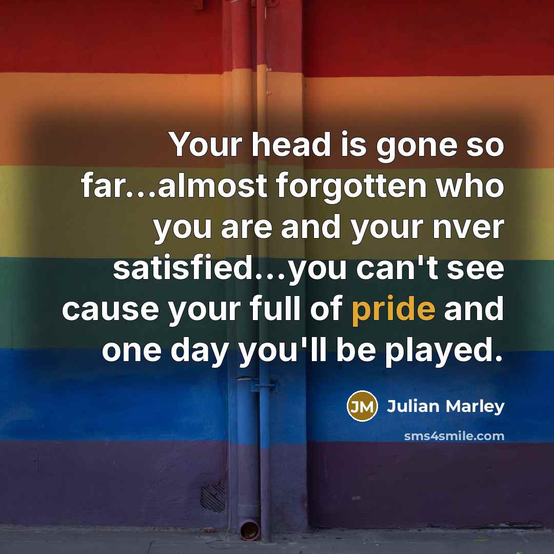 “Your head is gone so far...almost forgotten who you are and your nver satisfied...you can't see cause your full of pride and one day you'll be played.” quote by Julian Marley