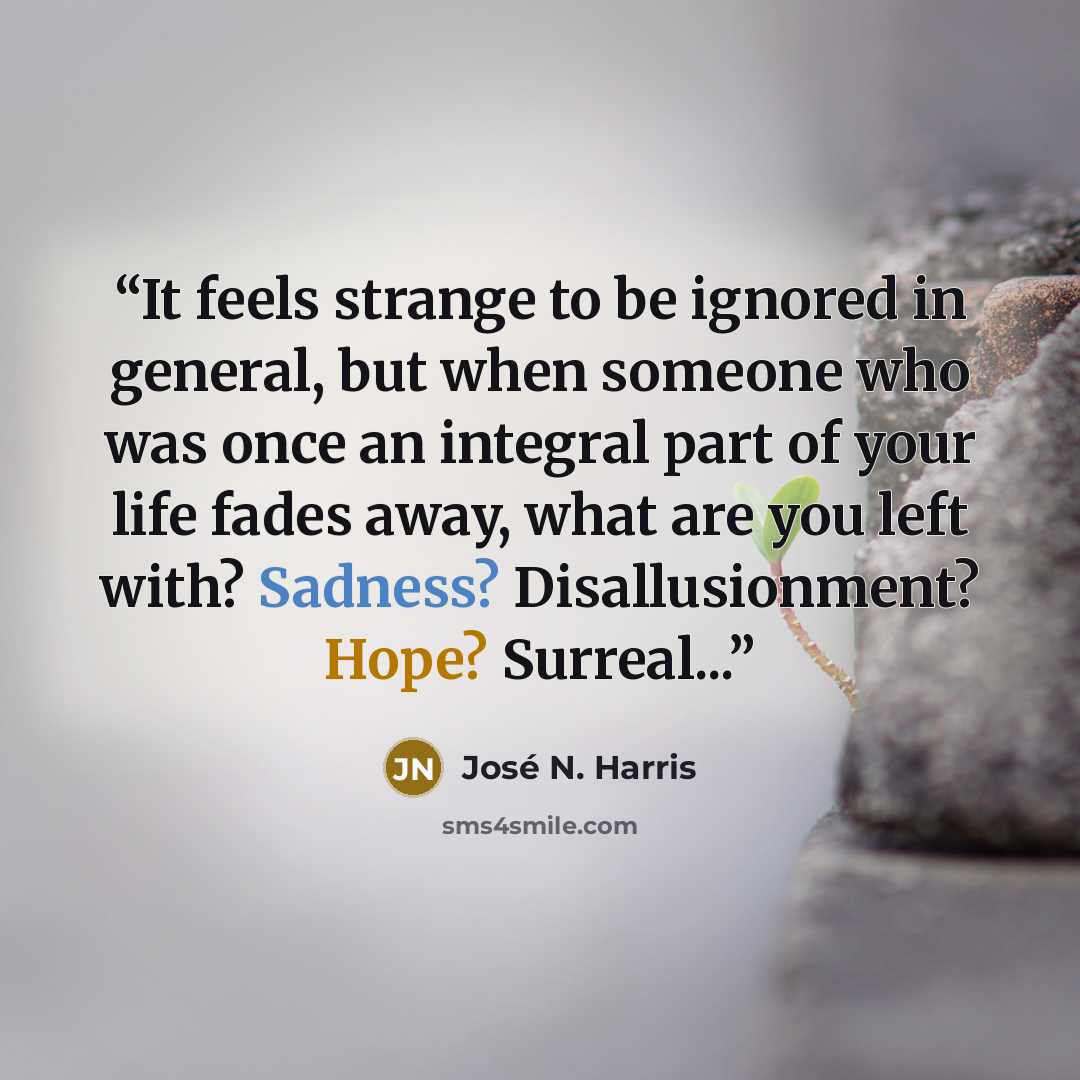 “It feels strange to be ignored in general, but when someone who was once an integral part of your life fades away, what are you left with? Sadness? Disallusionment? Hope? Surreal...” quote by José N. Harris