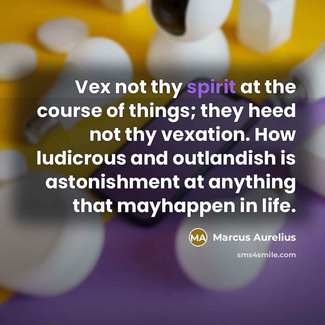 “Vex not thy spirit at the course of things; they heed not thy vexation. How ludicrous and outlandish is astonishment at anything that mayhappen in life.” quote by Marcus Aurelius